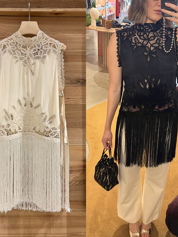Tassel Fringe Trim - Franse stijl knooploze, uitgeholde, mouwloze blouse